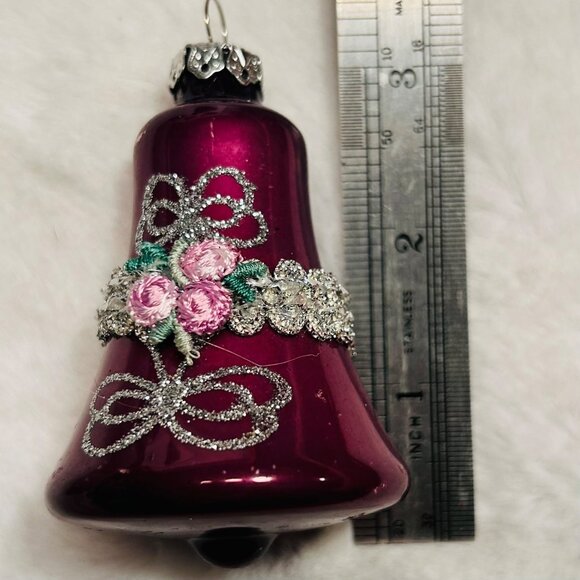 Vintage Glass Bell Christmas Ornaments Set Of 8 With Floral & Bow Design In Pink - Picture 5 of 7